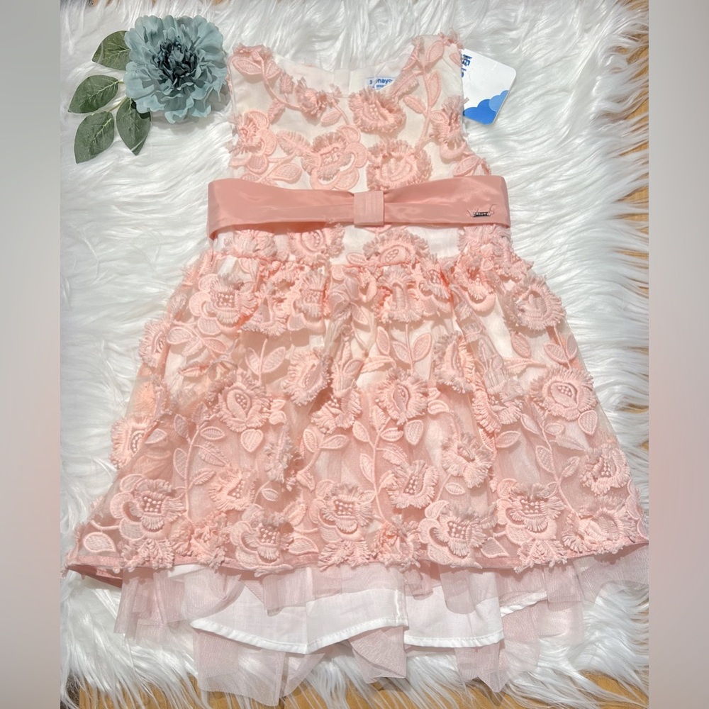 MAYORAL Toddler Girl Pink Floral Mesh Flower Girl Dress- Size 3